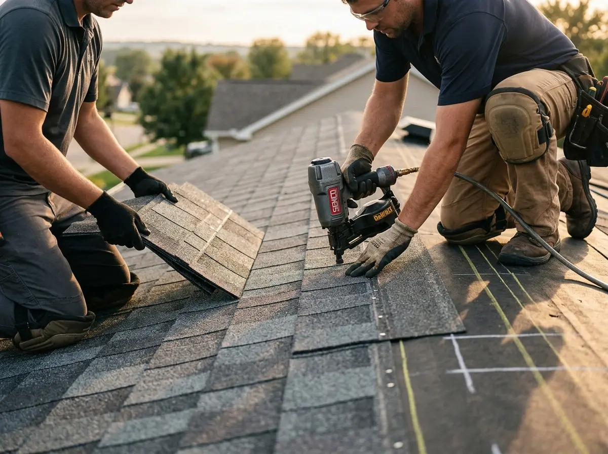 Professional roofer working on a residential roof in St. Louis Park